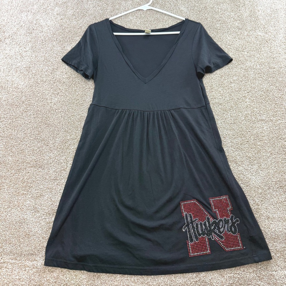 Kavio! Womens Nebraska Huskers Rhinestone V-Neck Empire Waist Dress Black Large